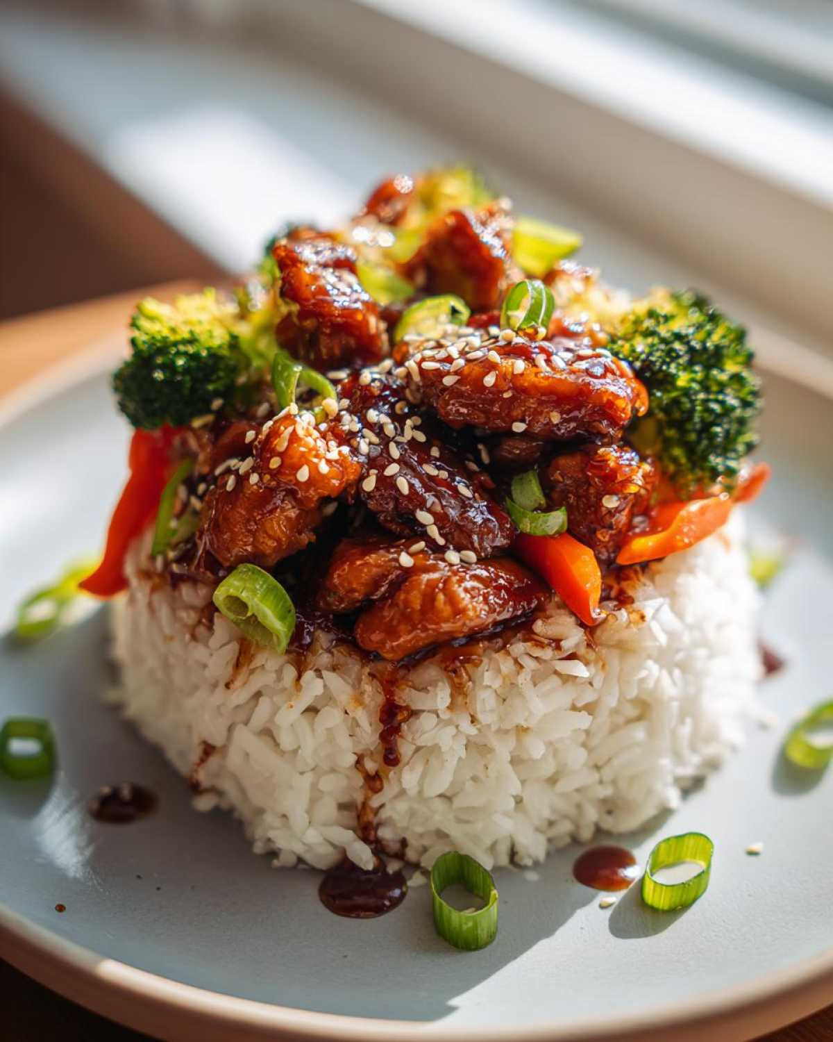 A mound of white rice topped with glossy Sticky Teriyaki Chicken Bowl with Veggies, broccoli, and sesame seeds.