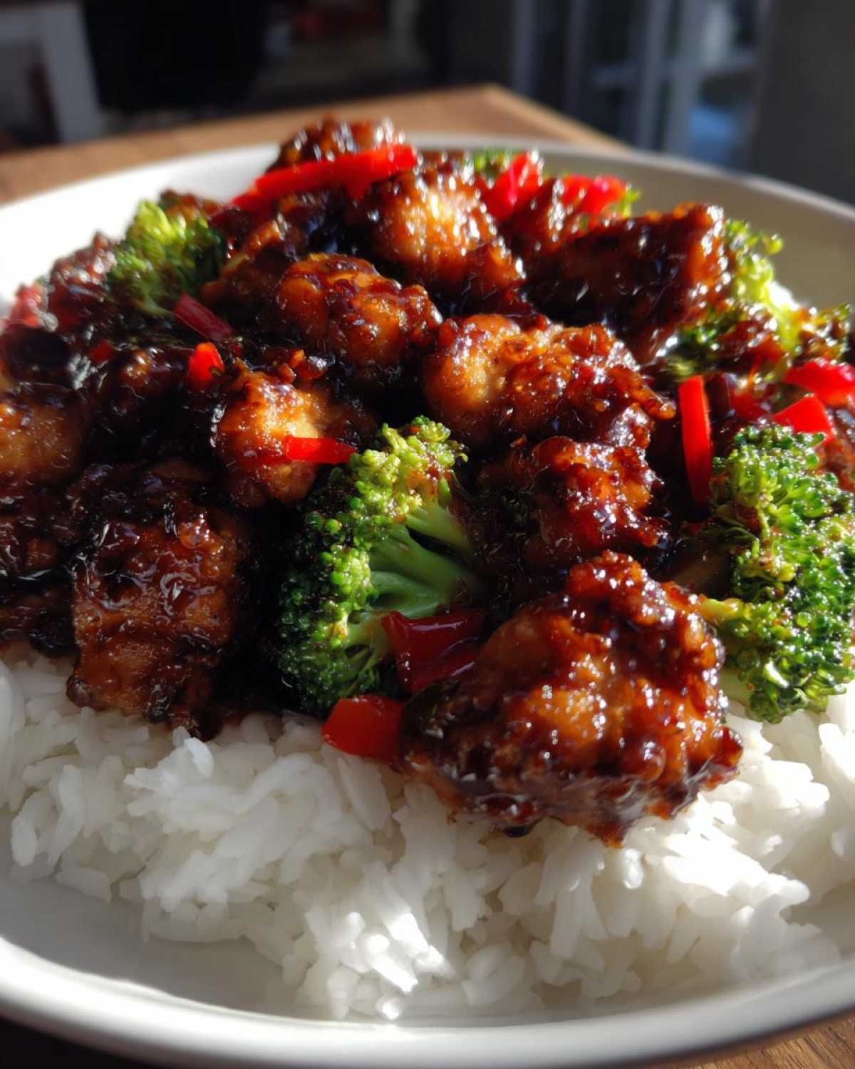 Close-up of Sticky Teriyaki Chicken Stir Fry Quick Meal with broccoli and red peppers served over white rice.