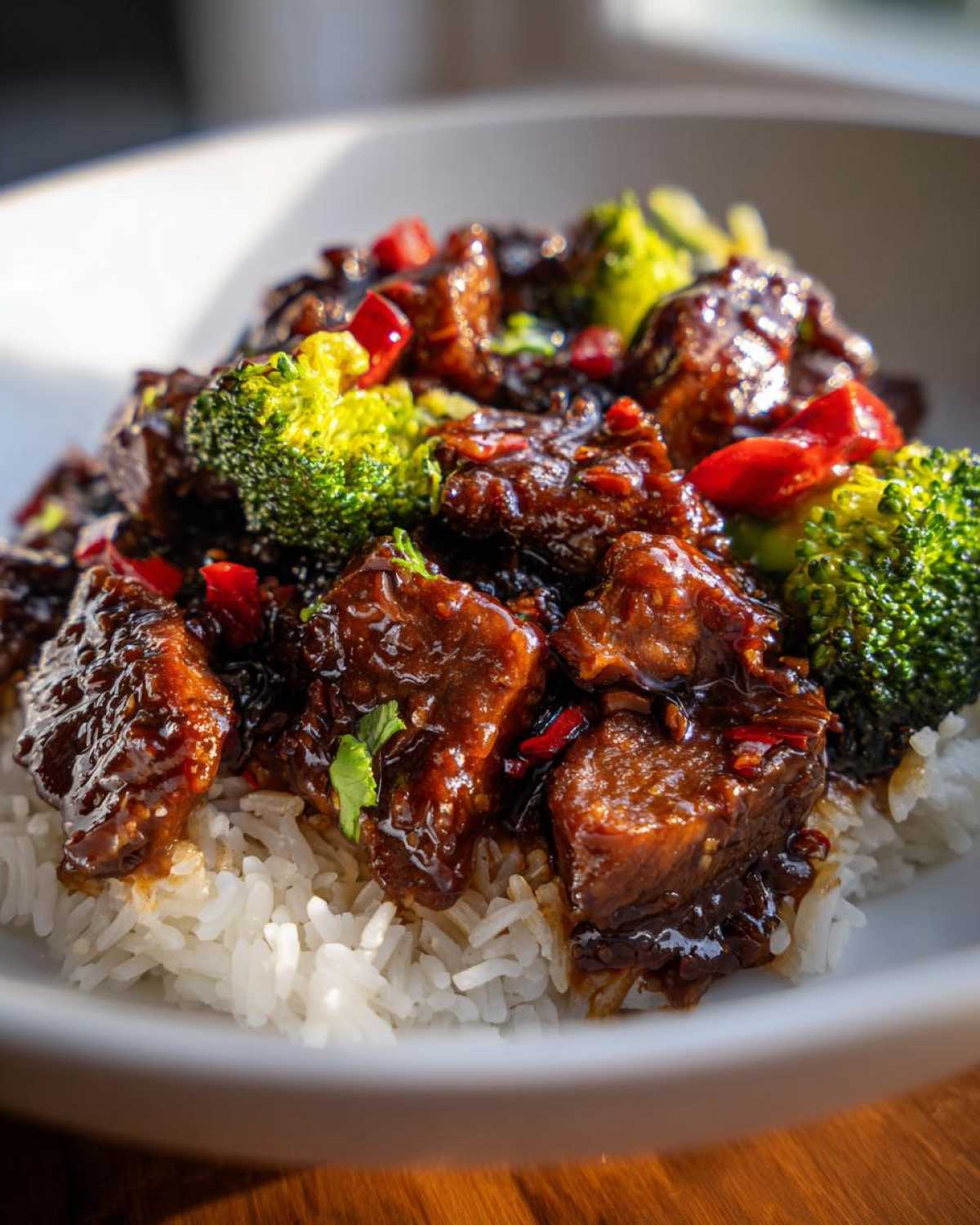 Close-up of Sticky Teriyaki Chicken Stir Fry Quick Meal served over white rice with bright green broccoli florets.
