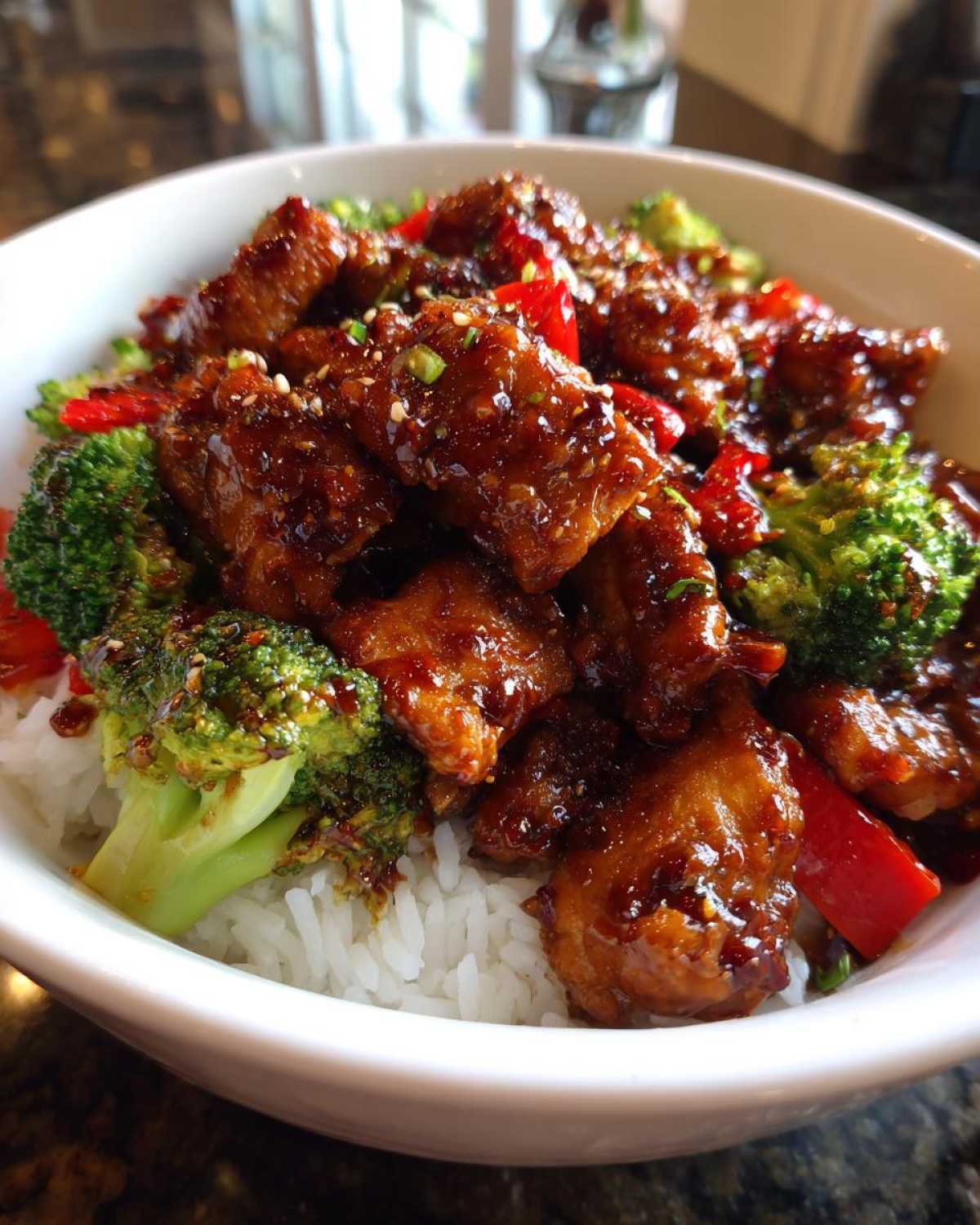 Close-up of Sticky Teriyaki Chicken Stir Fry Quick Meal served over white rice with broccoli and red peppers.