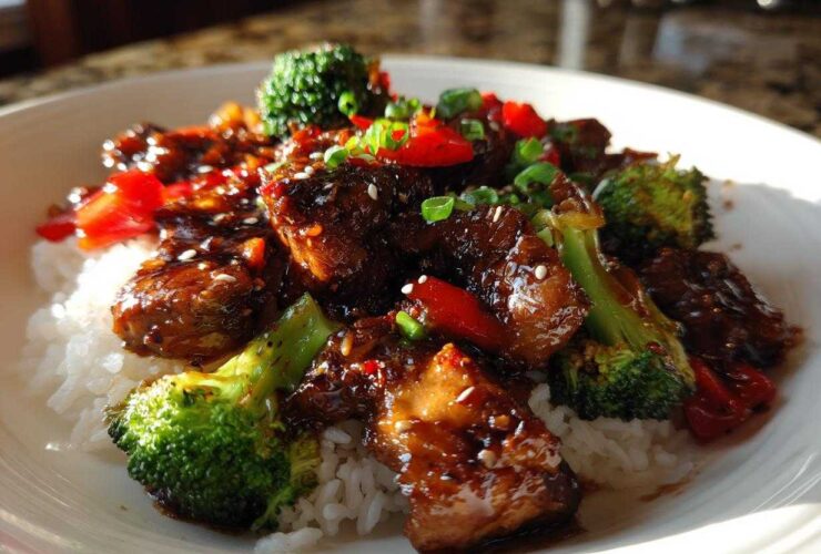 Close-up of Sticky Teriyaki Chicken Stir Fry Quick Meal served over white rice with bright green broccoli and red peppers.
