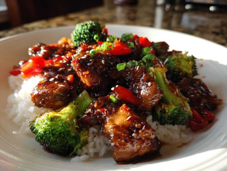 Close-up of Sticky Teriyaki Chicken Stir Fry Quick Meal served over white rice with bright green broccoli and red peppers.