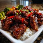 Close-up of Sticky Teriyaki Chicken Stir Fry Quick Meal pieces coated in glossy sauce served over white rice with broccoli.