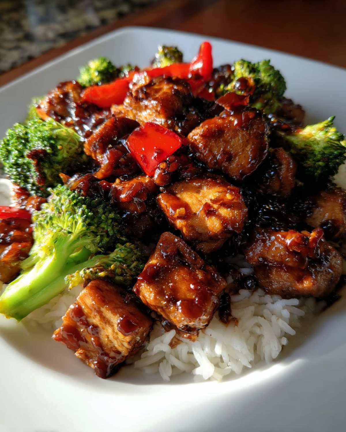 Close-up of Sticky Teriyaki Chicken Stir Fry Quick Meal served over white rice with broccoli and red peppers.