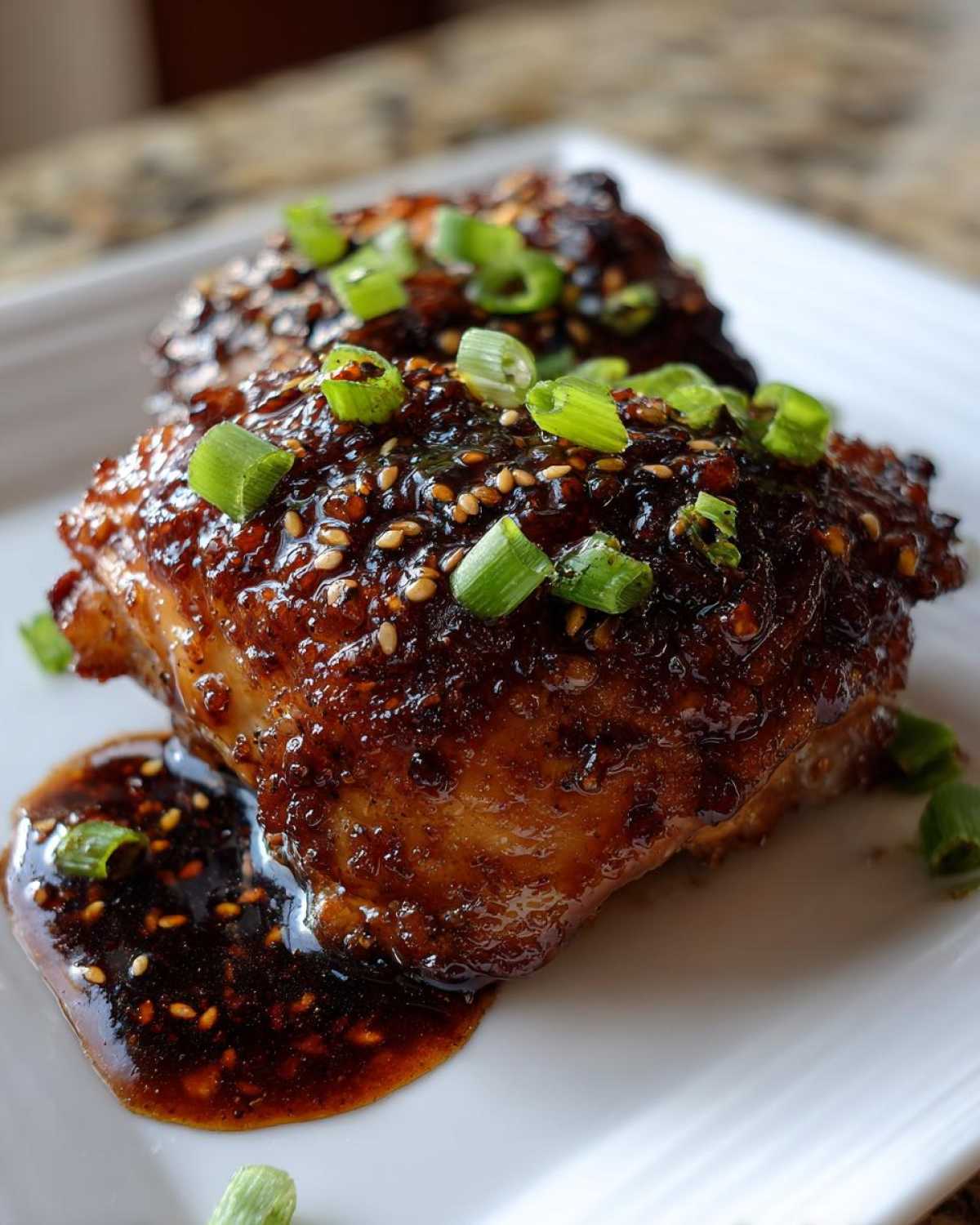 Close-up of Sticky Teriyaki Chicken Thighs with Garlic, coated in a dark, glossy sauce and topped with sesame seeds and green onions.