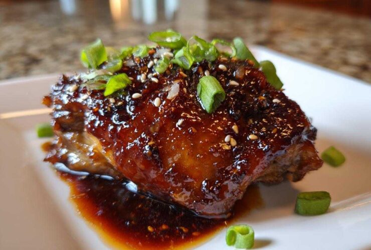 Close-up of a Sticky Teriyaki Chicken Thighs coated in a thick, glossy sauce and topped with sesame seeds and green onions.