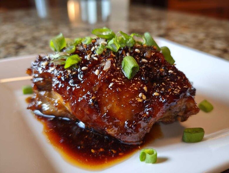 Close-up of a Sticky Teriyaki Chicken Thighs coated in a thick, glossy sauce and topped with sesame seeds and green onions.
