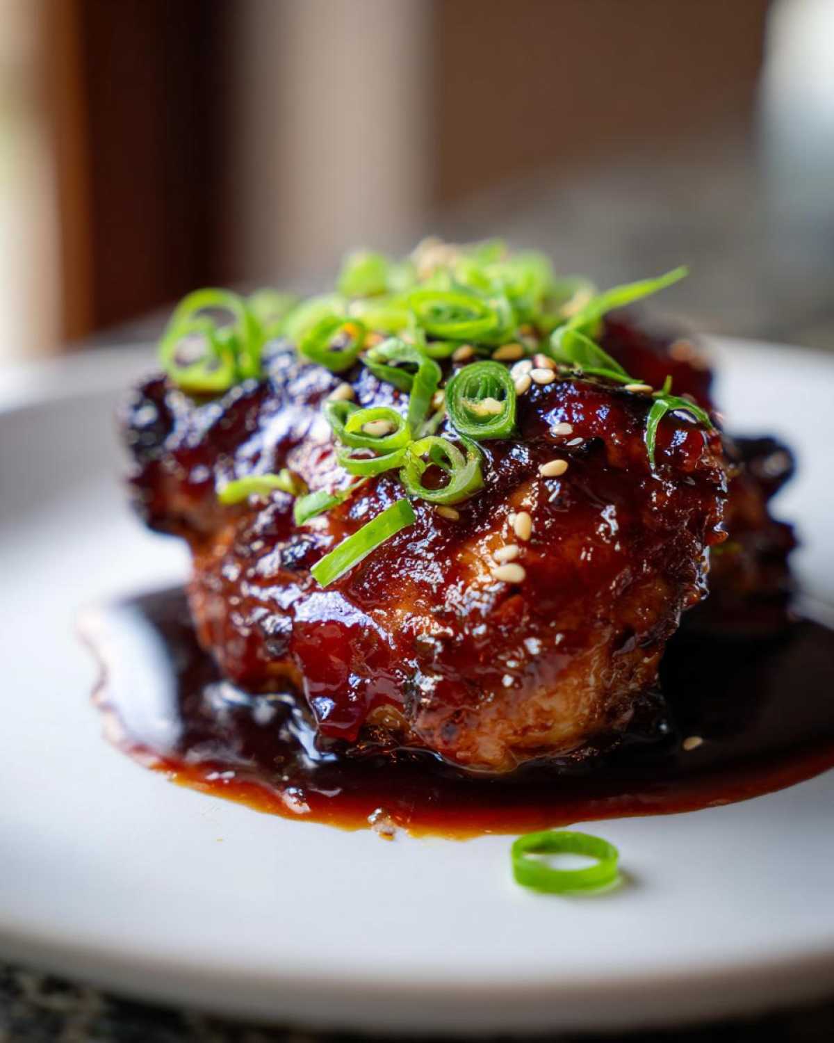Close-up of Sticky Teriyaki Chicken Thighs coated in a dark, glossy sauce and topped with sliced green onions and sesame seeds.