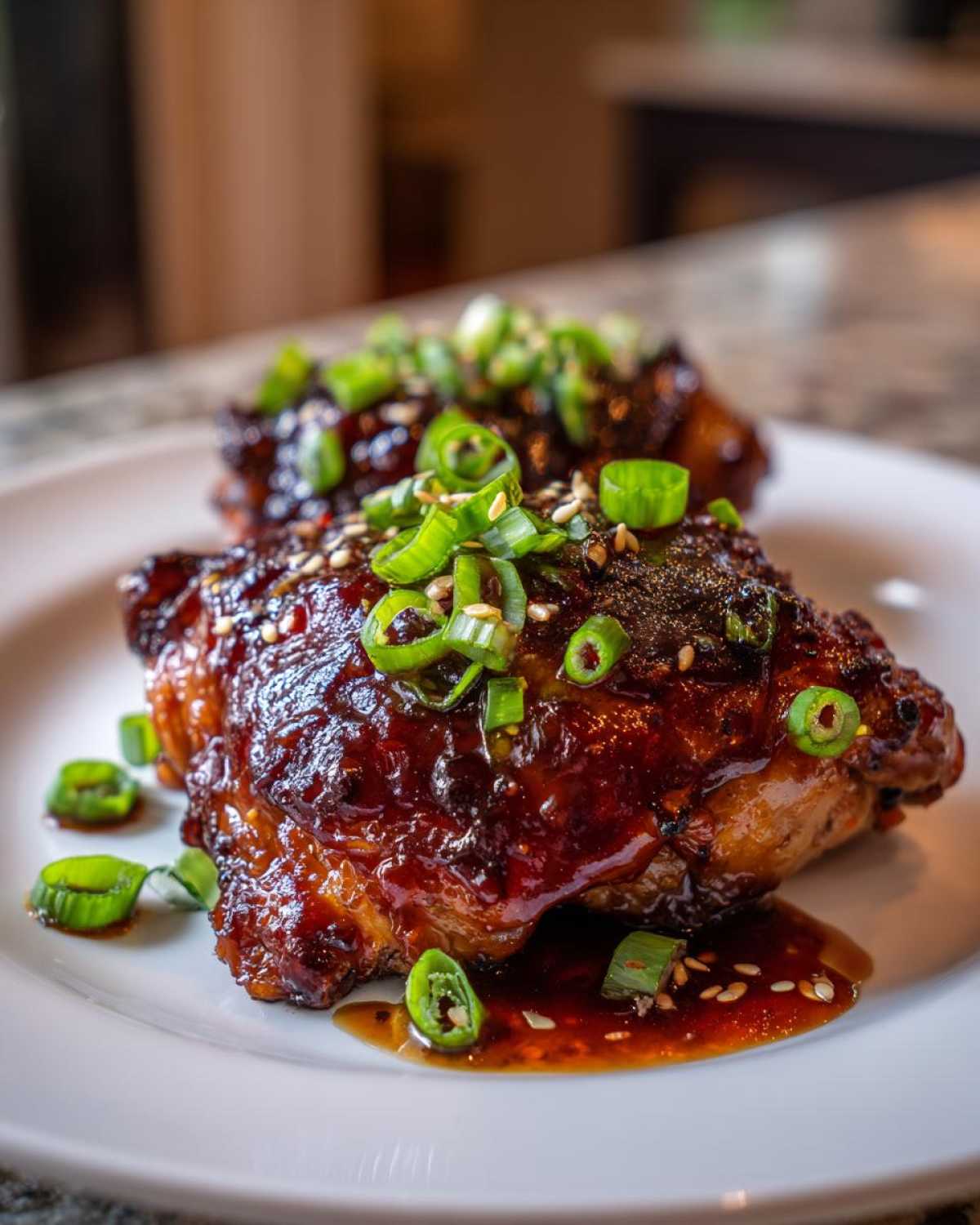Close-up of two glazed Sticky Teriyaki Chicken Thighs topped with sliced green onions and sesame seeds.