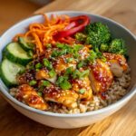 Close-up of a Sweet Chili Chicken Bowl with brown rice, topped with glazed chicken, sesame seeds, and fresh green onions.