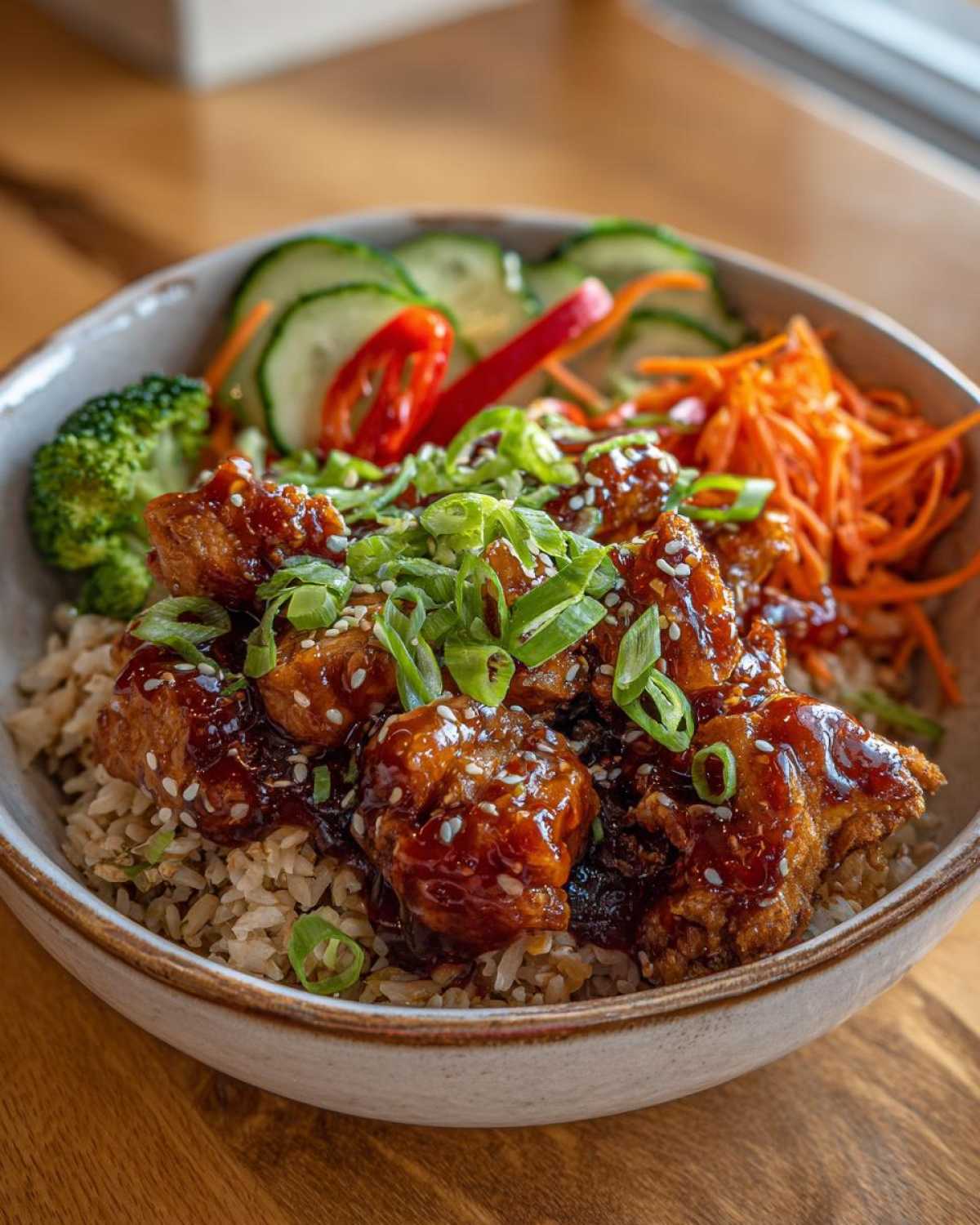 Close-up of a Sweet Chili Chicken Bowl with glazed chicken pieces over brown rice and crunchy vegetables.