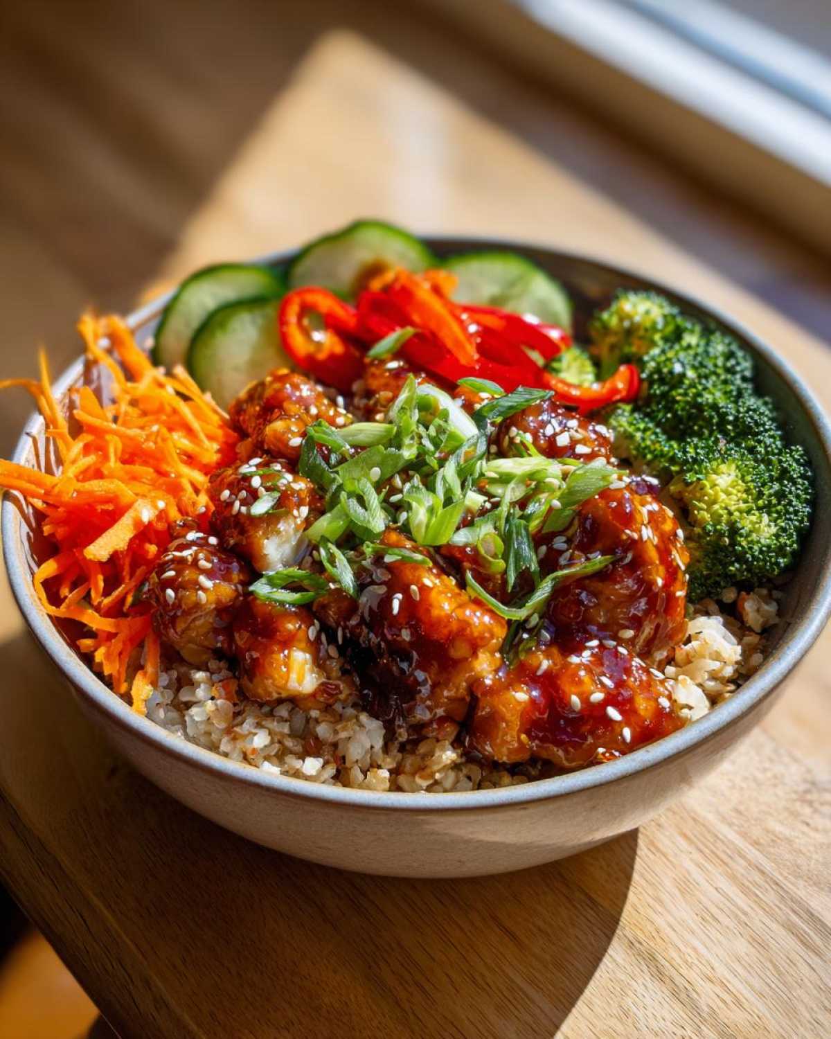 Close-up of a Sweet Chili Chicken Bowl featuring glazed chicken, brown rice, broccoli, shredded carrots, and green onions.