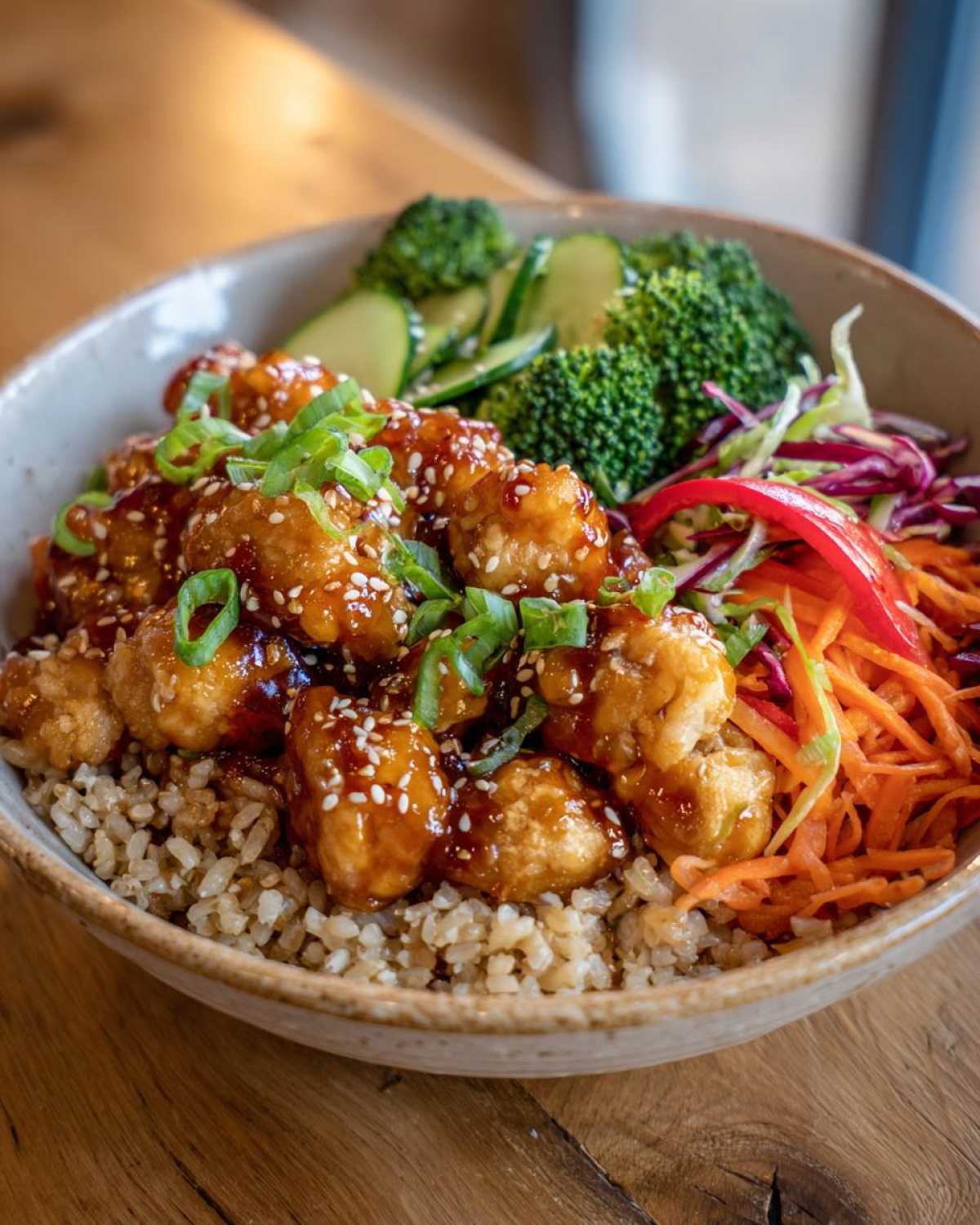 Close-up of a Sweet Chili Chicken Bowl featuring glazed chicken pieces over brown rice with broccoli, cucumber, and shredded carrots.