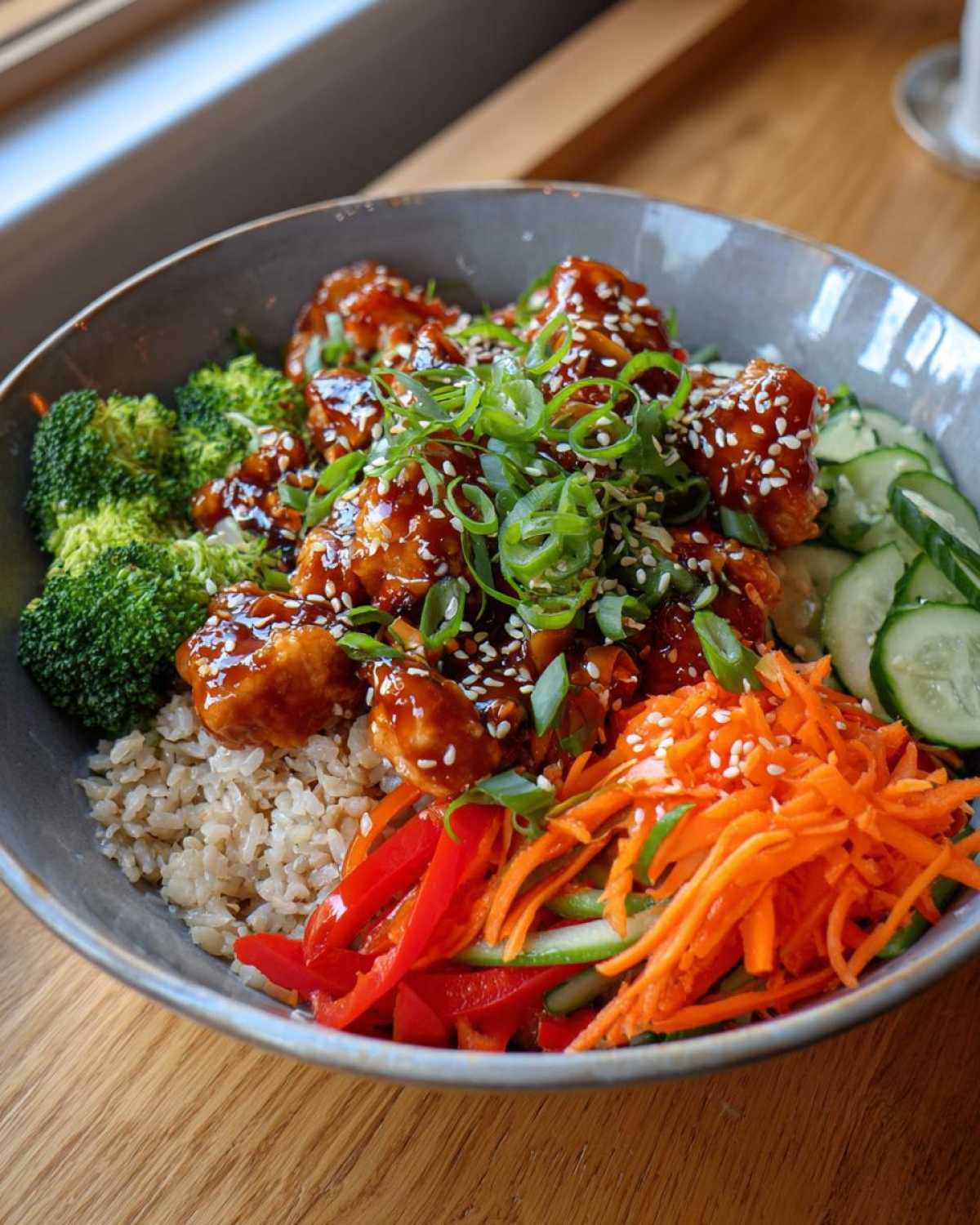 A close-up of a Sweet Chili Chicken Bowl featuring glazed chicken, brown rice, broccoli, carrots, and cucumbers.
