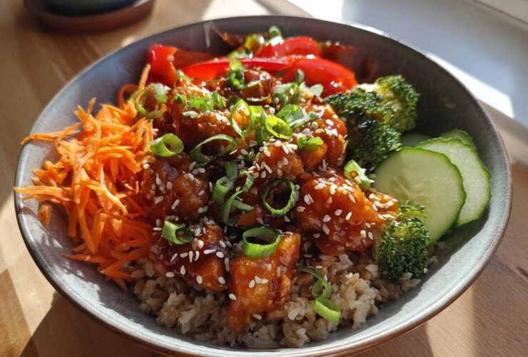 A close-up of a Sweet Chili Chicken Bowl featuring glazed chicken pieces over brown rice, topped with sesame seeds, green onions, and crunchy vegetables.